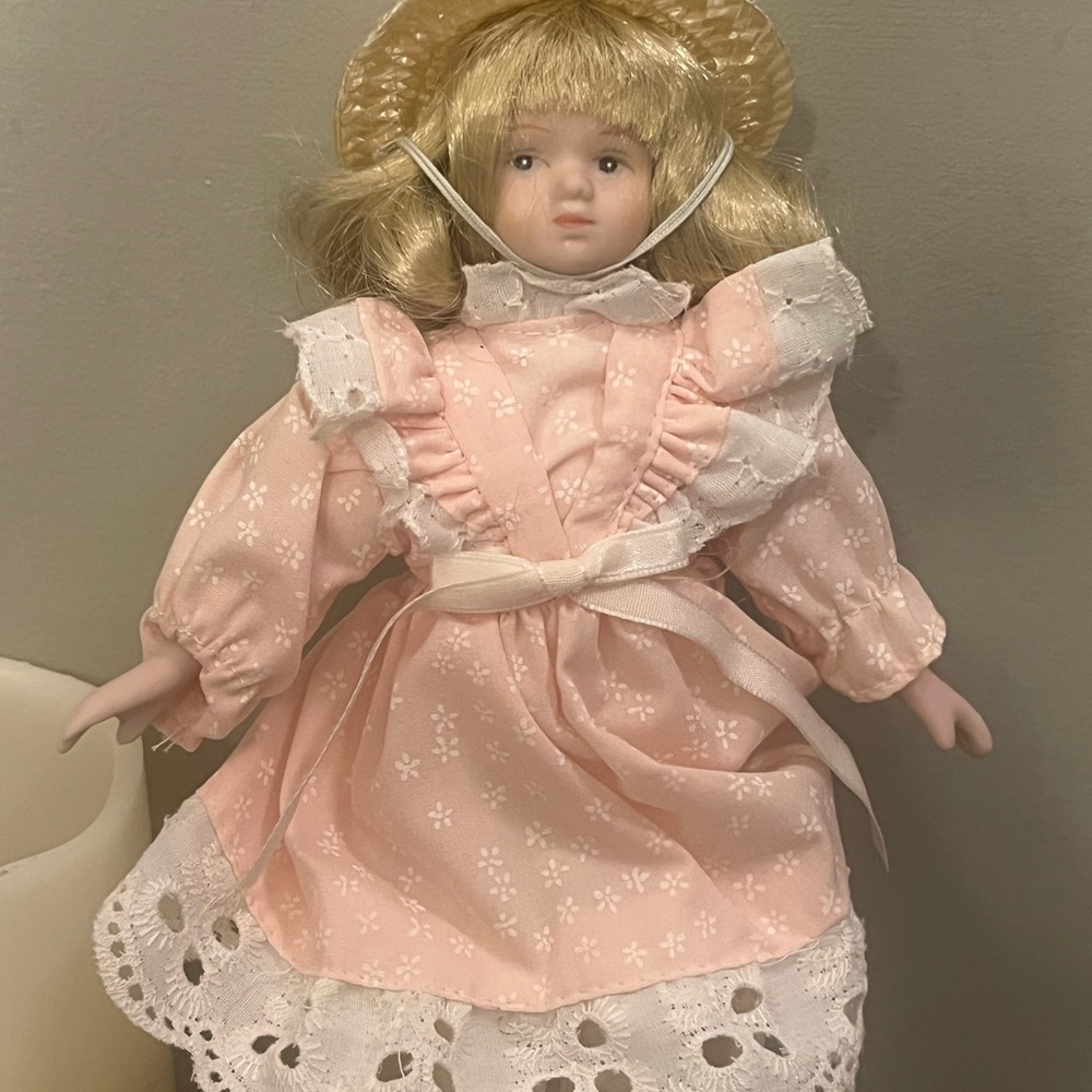 Porcelain Doll in Pink Dress with Hat